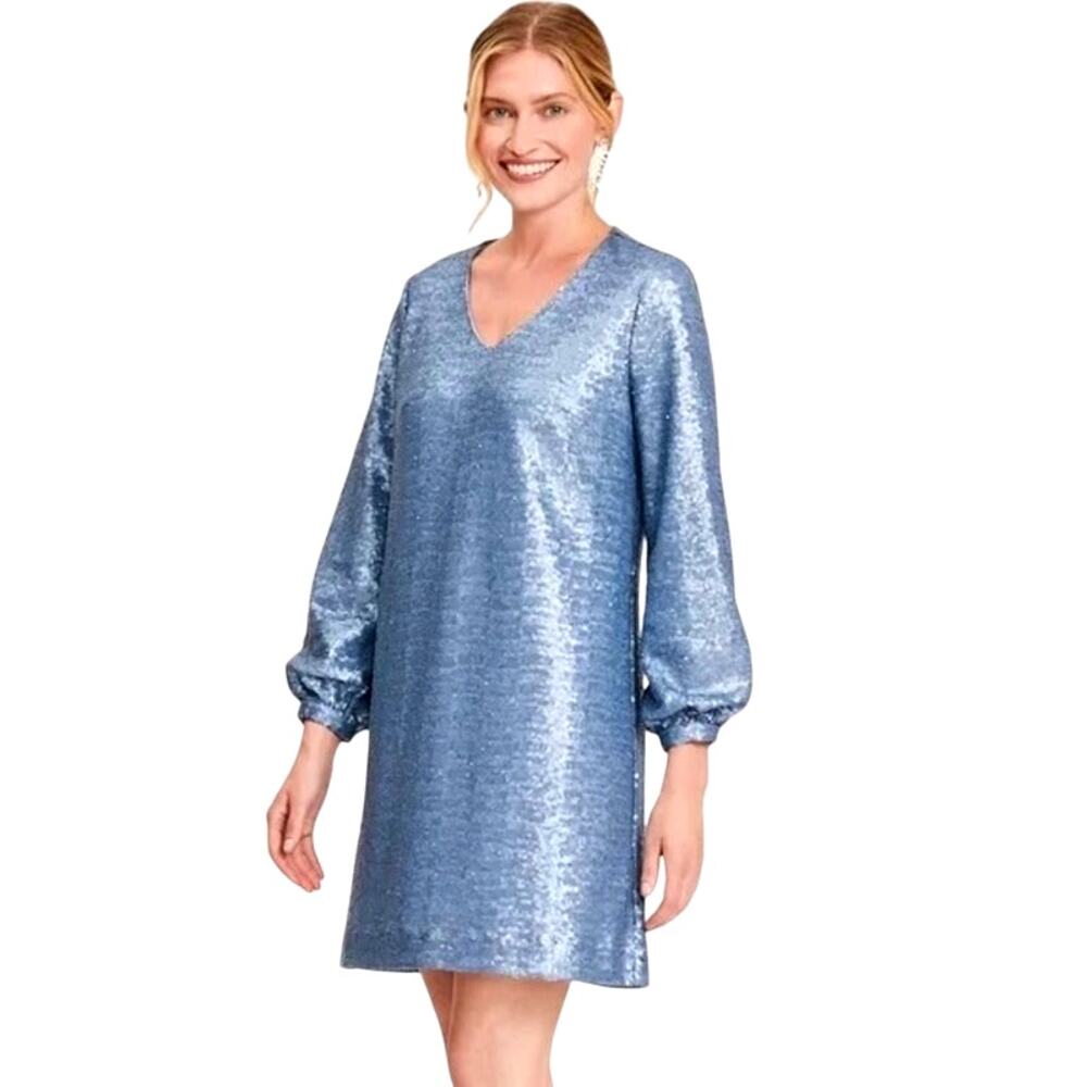 Tyler Boe Porter Sequin Shift Dress Dove Blue Long Sleeve Mini NWT Size Medium